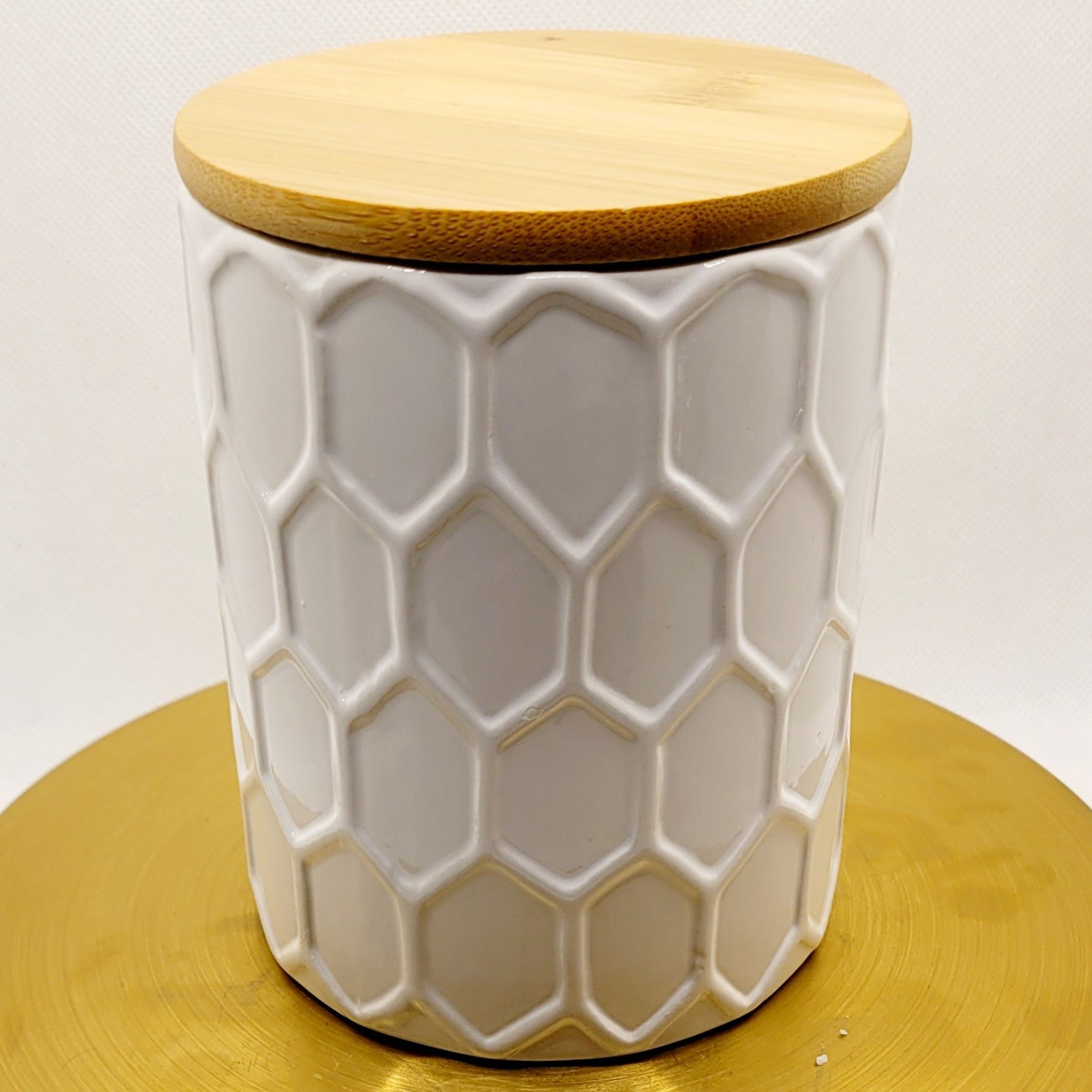 White Glazed Ceramic Style with Wooden Lid - Embossed Honeycomb