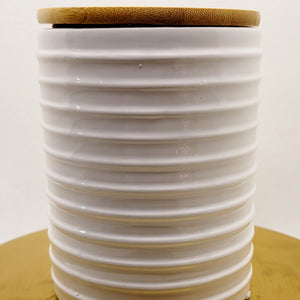 White Glazed Ceramic Style with Wooden Lid - Embossed Lines