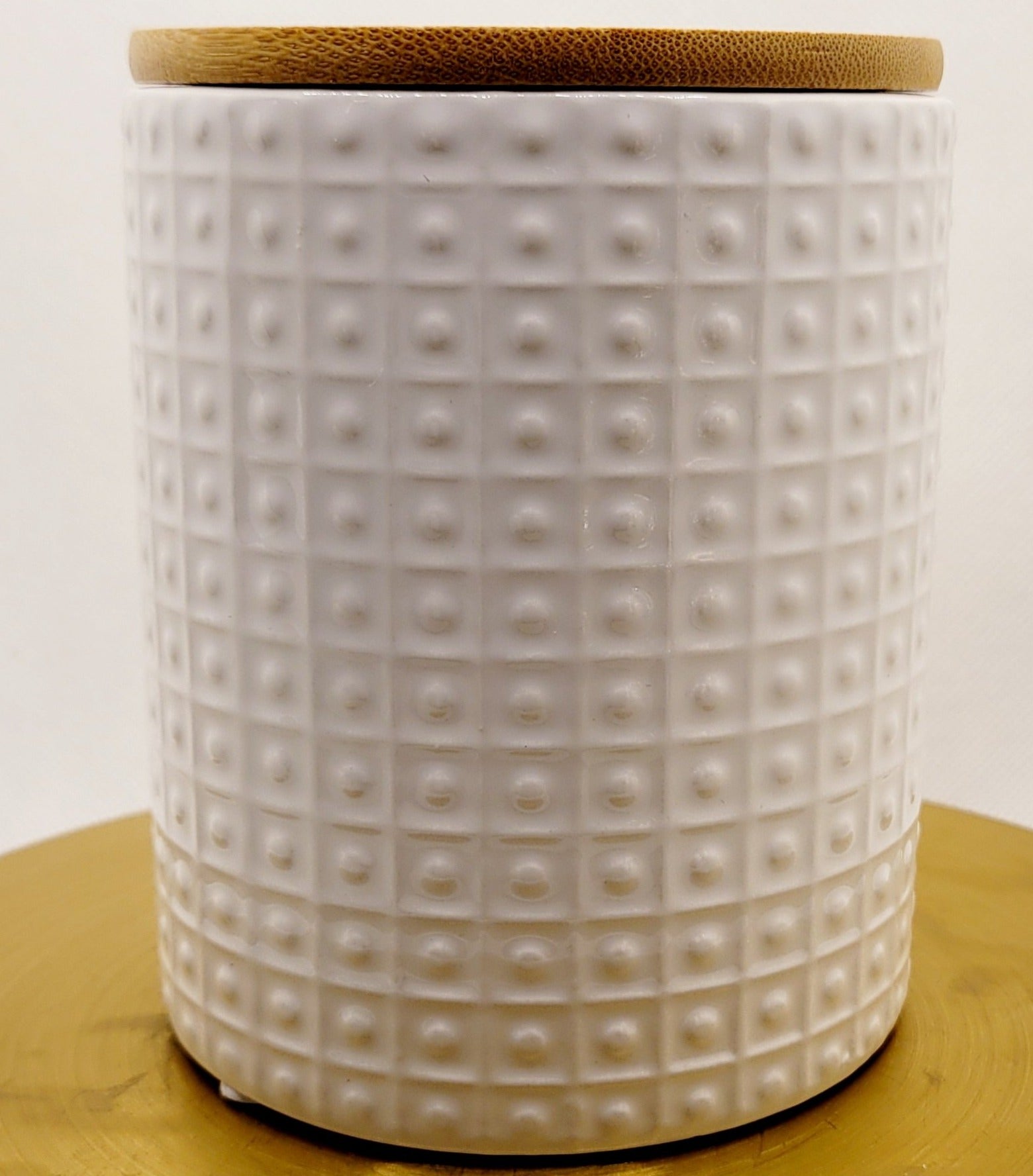 White Glazed Ceramic Style with Wooden Lid - Embossed Squares + Dots