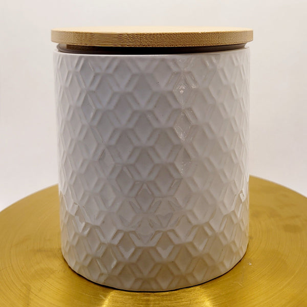 White Glazed Ceramic Style with Wooden Lid - Embossed Geometric Design