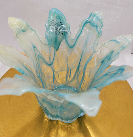 Murano Glass Flower Vase Candle in Teal Blue and White